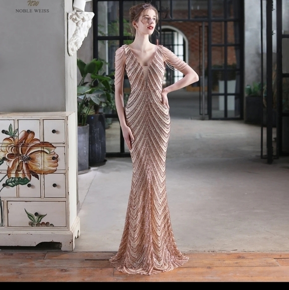 Rose Gold, Striped, Sleeveless, Backless,  Fringe Draped, Sequined Merma… - Picture 4 of 15